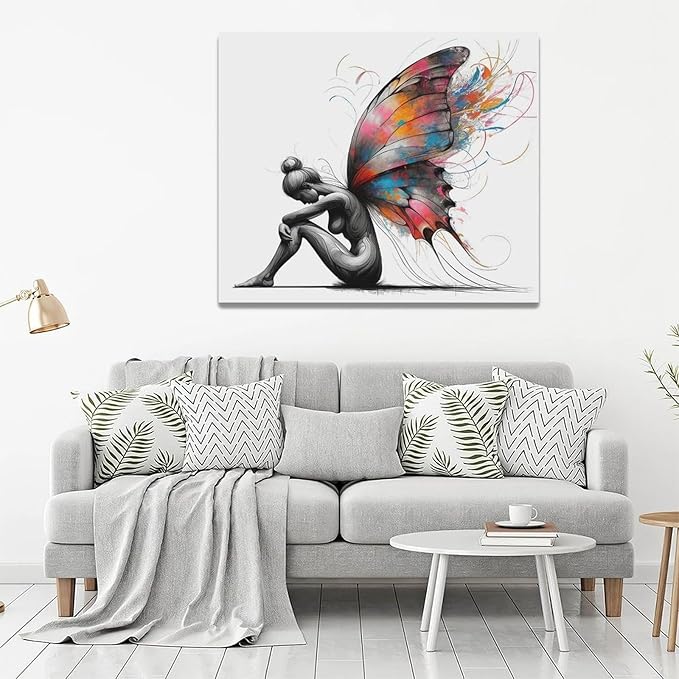 Butterfly Girl Wall Decor Colorful Butterfly Wings pictures Canvas Wall Art Female Woman Painting Girl Room Decor Artwork Decorations Framed for Bedroom Bathroom living Room Office 24 x 20 inch