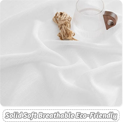 RYB HOME White Linen Textured Sheer Ties for Bathroom Bedroom, Machine Washable Kitchen Soften Sunlight Short Curtains Valances Country Rustic, W 42 x L 36 inches, White, 2 Panels