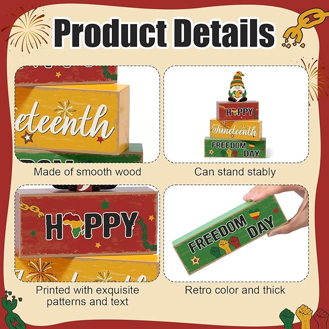 Blosssound 4 Pcs Juneteenth Table Decorations Centerpieces Happy Juneteenth Day Wooden Signs Gnome Freedom Day Wood Block Gifts for 1865 Black American Independence Party Tiered Tray Mantel Shelf