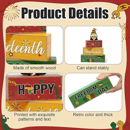 Blosssound 4 Pcs Juneteenth Table Decorations Centerpieces Happy Juneteenth Day Wooden Signs Gnome Freedom Day Wood Block Gifts for 1865 Black American Independence Party Tiered Tray Mantel Shelf