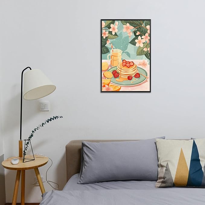 Vintage Food Afternoon Tea Kitchen Wall Art Funny Drinks Fruits Food Pastries Canvas Posters Funky Pink Strawberry Cake Orange Flowers Prints Painting For Living Room Wall Decor 8x10in Framed