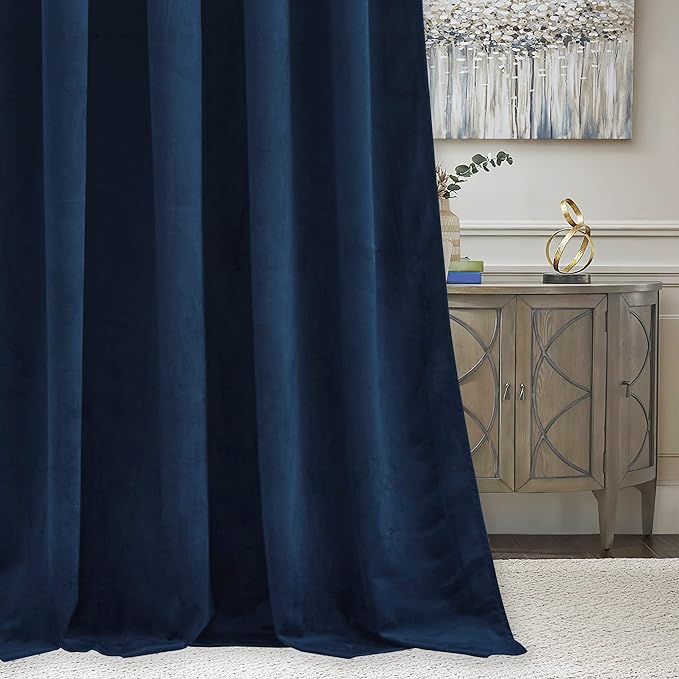 RYB HOME Navy Blue Velvet Curtains 80 inches, Back Tab Soft Fabric Room Darkening Thermal Insulated Luxurious Home Decor Curtains for Living Room Bedroom, W 52" x L 80", 2 Panels Set