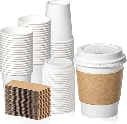 Fit Meal Prep 50 Pack 8 oz Disposable Coffee Cups with Lids, Sleeves, Leak-Proof To Go Coffee Cups with Lids, Durable Hot Paper Cups for Home, Office, Party, Business