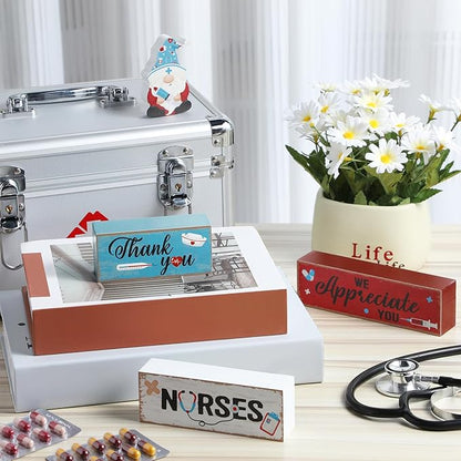 Blosssound 4 Pcs Nurse Appreciation Week Decorations Table Centerpieces Thank You Nurse Wooden Signs Blue Gnome Block Gifts for Medical Rn Students Graduation Party Supplies Tiered Tray Mantel Shelf