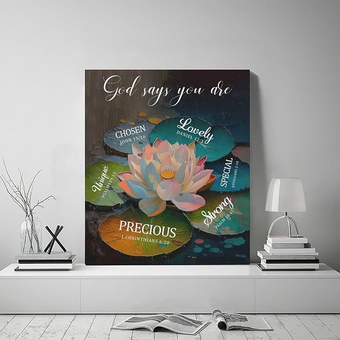Lotus God Says You Are Wall Art Zen Scripture Pictures Wall Decor Religious Bible Verse Canvas Painting Home Modern Artwork Decorations Framed for Bathroom Living Room Bedroom Office 20 x 24 inch