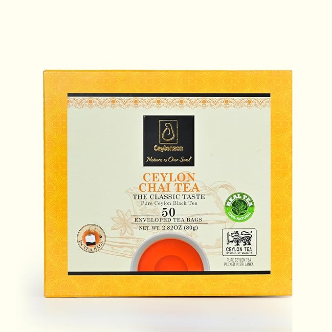 Ceylonzon Chai Tea Classic Taste 50 Individually Foil-Wrapped Tea Bags, Pure Ceylon Black Tea with Naturally Rich flavor & Spices, Spice Chai Latte Blend 80g