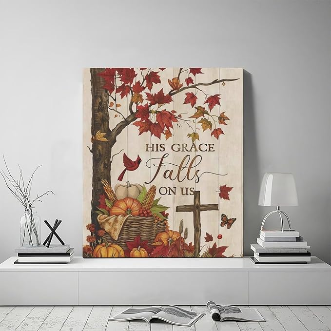 Maple Leaf Fall Wall Art Pictures Autumn Leaves Wall Decor Pumpkins Canvas Painting Home Modern Artwork Decorations Framed for Bathroom Living Room Bedroom 20 x 24 inch