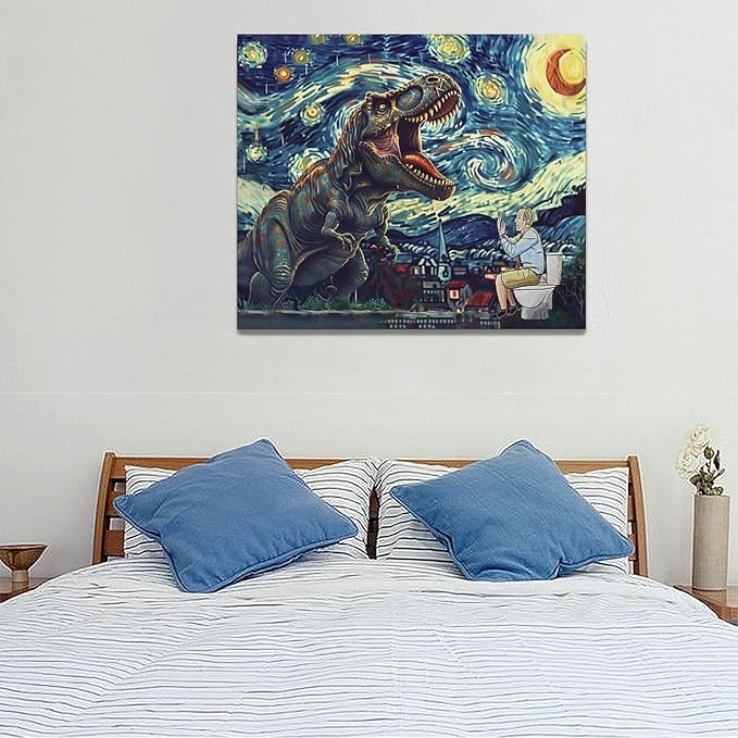 Dinosaur Bathroom Wall Art Starry Night Funny Bathroom Pictures Wall Decor Dinosaur Canvas Painting Print Home Modern Artwork Decorations Framed for Bathroom Living Room Bedroom Office 24 x 20 inch