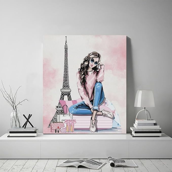 Pink Fashion Girls Wall Art Paris Glam Woman Pictures Room Decor Female Canvas Painting Print Eiffel Tower Home Makeup Artwork Decorations Framed for Bathroom Living Room Bedroom Office 20 x 24 inch