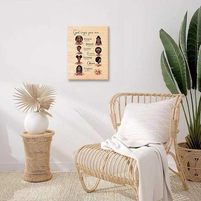 African American God Says You Are Wall Art Black Girl Queen Scripture Pictures Wall Decor Fashion Female Canvas Painting Home Modern Artwork Framed for Bathroom Living Room Bedroom Office 20x24 inch