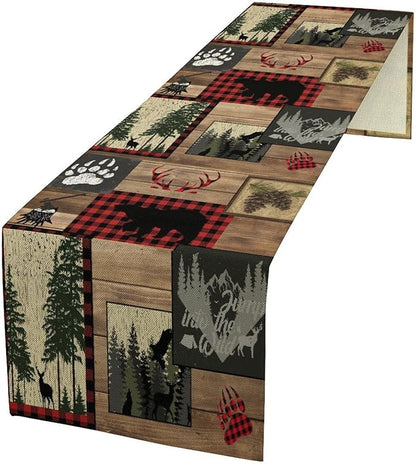 Country Cottage Table Runner, Vintage Bear Deer Elk Moose Rustic Style Linen Table Runner for Home Kitchen Table Decoration, 13x70 Inch