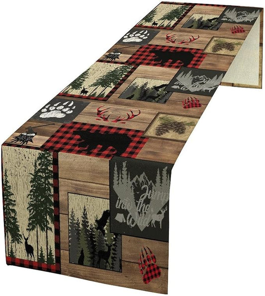 Country Cottage Table Runner, Vintage Bear Deer Elk Moose Rustic Style Linen Table Runner for Home Kitchen Table Decoration, 13x70 Inch