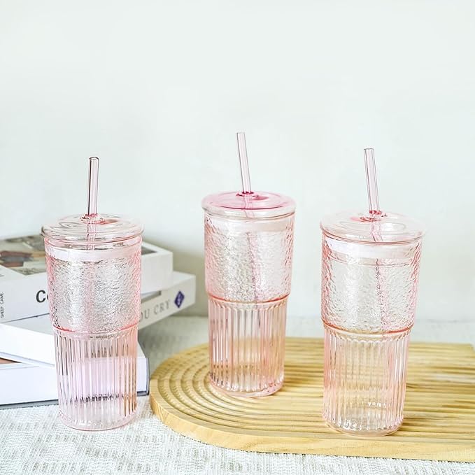 Glass Cups with Lids and Glass Straws, High Borosilicate 20OZ Pink Tumblers (2Pcs) for Coffee, Tea, Juice, Smoothies, Hot & Cold Drinks at Home/Office