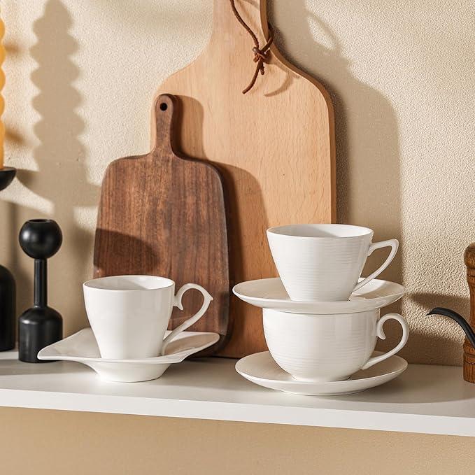 Coffee Cups with Saucers, Cappuccino Mug Set of 4 (10oz), Ceramic White Tea Mugs with Saucers, Microwave and Dishwasher Safe, for Home, Cafe, Bridal Shower, and Housewarming
