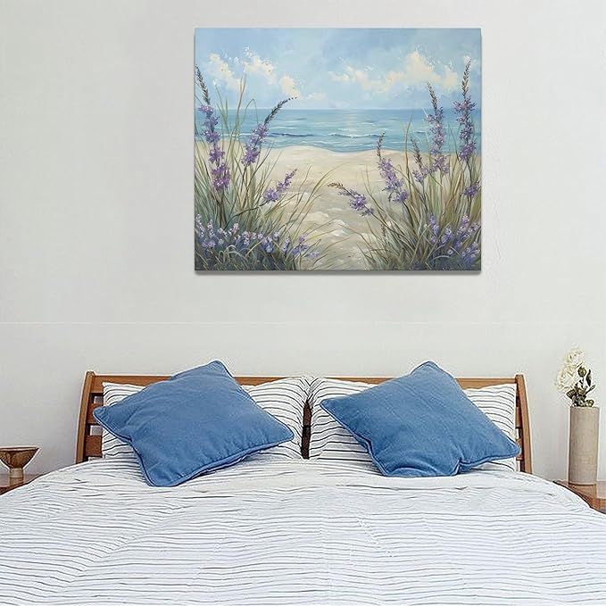 Beach Ocean Wall Art Coastal Flower Pictures Wall Decor Abstract Watercolor Seaside Canvas Painting Beach Floral Artwork for Bathroom Living Room Bedroom Kitchen Office 24 x 20 inch
