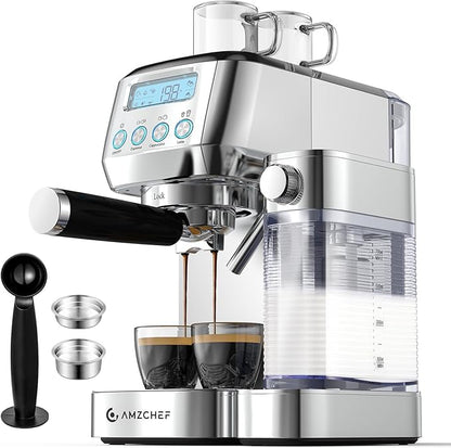 AMZCHEF Espresso Machine with LCD Display, 20 Bar Cappuccino Machines with Automatic Milk Frother for Home Gifts, Latte Coffee Maker with Dual Wall & Filters, Stainless Steel Style Pink