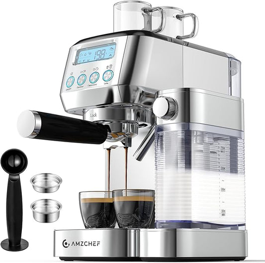AMZCHEF Espresso Machine with LCD Display, 20 Bar Cappuccino Machines with Automatic Milk Frother for Home Gifts, Latte Coffee Maker with Dual Wall & Filters, Stainless Steel Style Pink