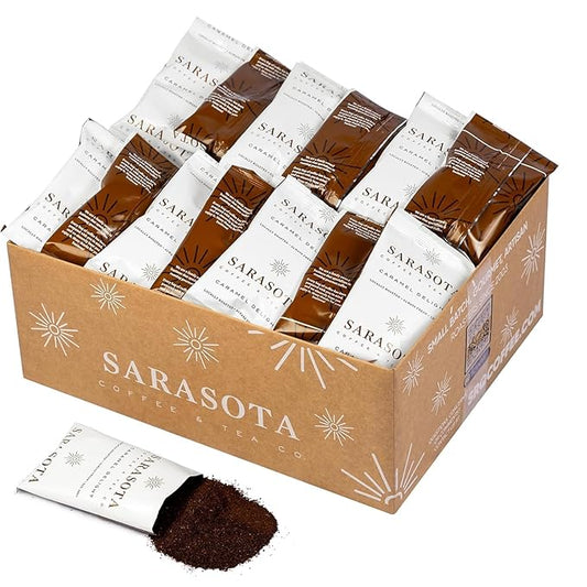 Sarasota Coffee Packs Bulk Ground Packets | Salted Caramel Flavored | Gourmet Gift Sampler | Low Acid Mold Free Individual Single Pot Pouches for 12 Cup Coffee Maker | 1.75 Oz Bags, 100 Count