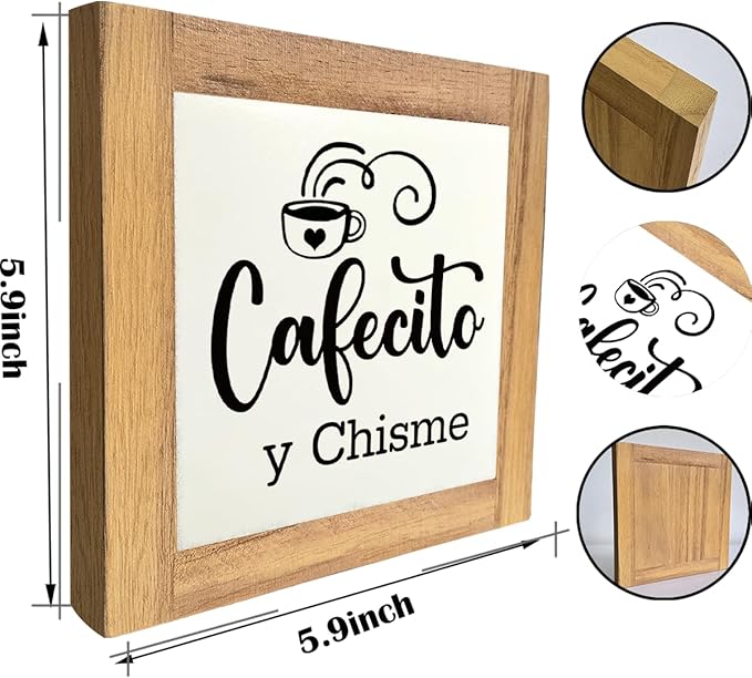Coffee Wood Plaque Sign, Cafecito y Chisme, Box Wood Plaques Desk Décor, Rustic Kitchen Home Decor, Tea Room Decor, Decor Sign for Coffee Bar Home Office Kitchen, Coffee Lover Gift, 5.9×5.9inch D
