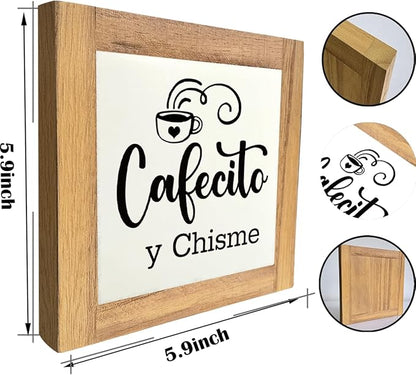 Coffee Wood Plaque Sign, Cafecito y Chisme, Box Wood Plaques Desk Décor, Rustic Kitchen Home Decor, Tea Room Decor, Decor Sign for Coffee Bar Home Office Kitchen, Coffee Lover Gift, 5.9×5.9inch D