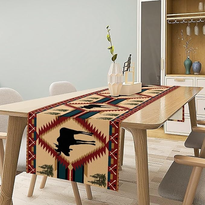 Country Cottage Table Runner, Vintage Bear Deer Elk Moose Cabin Rustic Style Linen Table Runner for Home Kitchen Table Decoration, 13x70 Inch