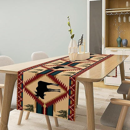 Country Cottage Table Runner, Vintage Bear Deer Elk Moose Cabin Rustic Style Linen Table Runner for Home Kitchen Table Decoration, 13x70 Inch
