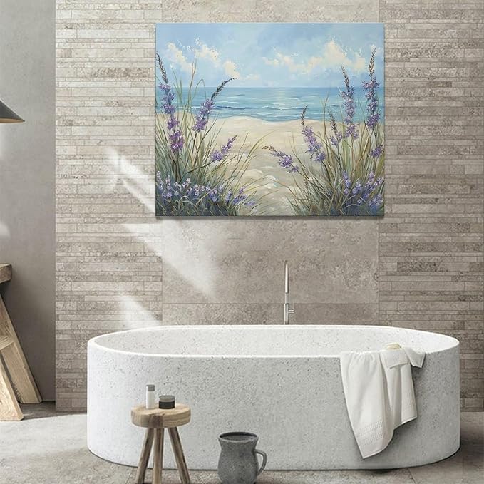 Beach Ocean Wall Art Coastal Flower Pictures Wall Decor Abstract Watercolor Seaside Canvas Painting Beach Floral Artwork for Bathroom Living Room Bedroom Kitchen Office 24 x 20 inch