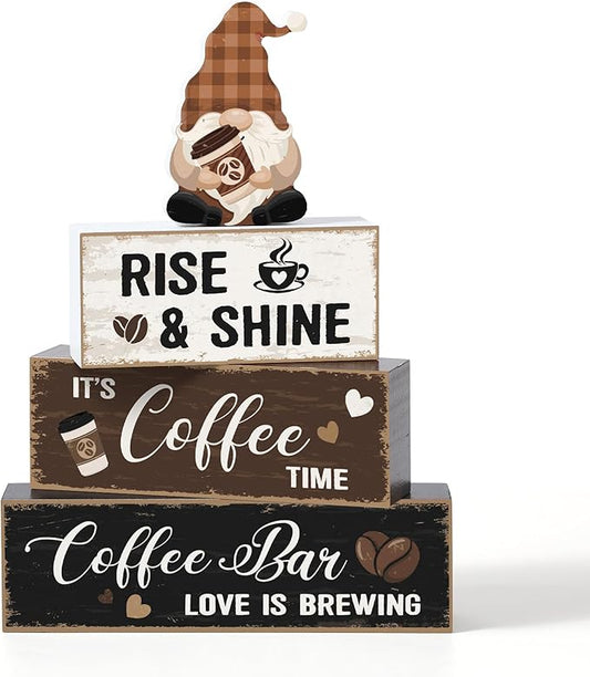 Blosssound 4 Pcs Coffee Bar Table Decorations Centerpieces Coffee Bar Wooden Signs Farmhouse Brown White Gnome Café Rustic Wood Block Gifts for Tiered Tray Mantel Shelf Home Cafe Lover Party Kitchen