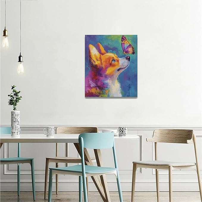 Corgi Kiss Butterfly Wall Art Dog Pictures Wall Decor Dogs Canvas Painting Print Home Modern Artwork Decorations Framed for Bathroom Living Room Bedroom Office 20 x 24 inch
