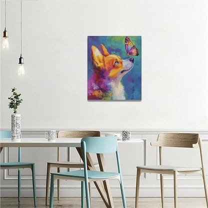 Corgi Kiss Butterfly Wall Art Dog Pictures Wall Decor Dogs Canvas Painting Print Home Modern Artwork Decorations Framed for Bathroom Living Room Bedroom Office 20 x 24 inch