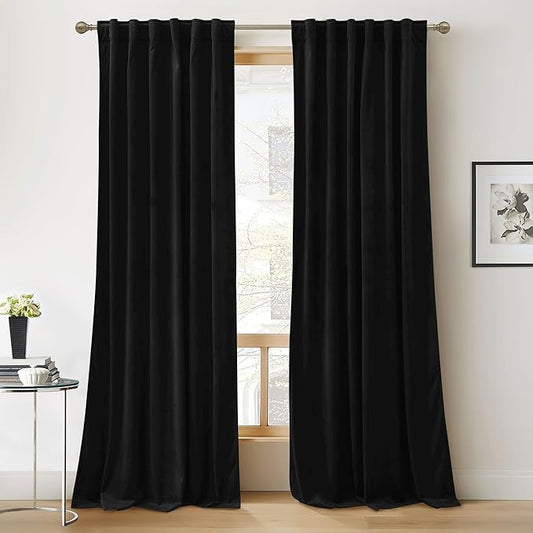 RYB HOME Black Velvet Curtains 102 inches, Back Tab Soft Fabric Blackout Thermal Insulated Luxurious Home Decor Curtains for Living Room Bedroom, W 52" x L 102", 2 Panels Set