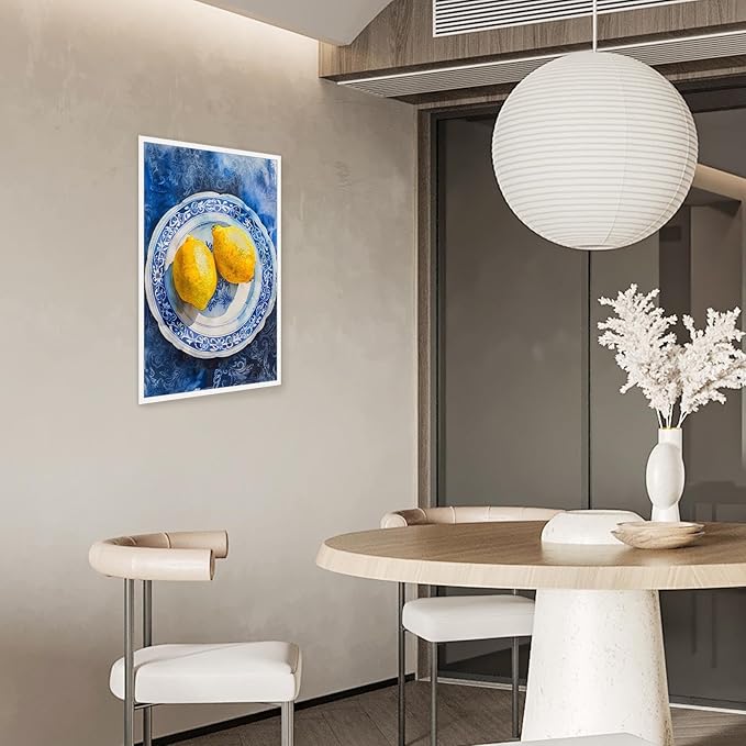 Vintage Yellow Fruit Orange Kitchen Wall Art Funky Blue Dining Table Plates Ceramics Canvas Posters Family Restaurant Food Fruits Prints Painting For Modern Living Room Wall Decor 16x24in Unframed