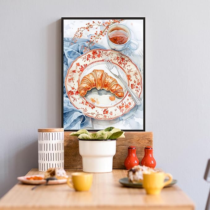 Vintage Coffee Food Kitchen Wall Art Funky Dining Table Plates Afternoon Tea Prints Painting Retro Bread Pastries Drinks Canvas Posters For Modern Cafedining Room Wall Decor 12x16in Framed