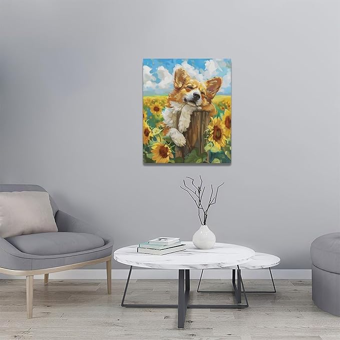 Dog Wall Art Country Sunflower Funny Corgi Pictures Wall Decor Farmhouse Canvas Painting Print Home Modern Artwork Decorations Framed for Bathroom Living Room Bedroom Office 20 x 24 inch