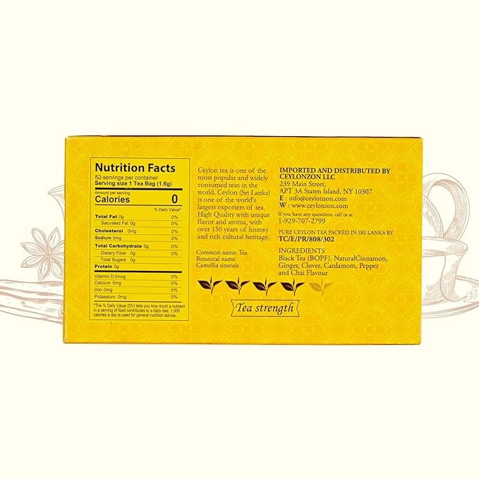 Ceylonzon Chai Tea Classic Taste 50 Individually Foil-Wrapped Tea Bags, Pure Ceylon Black Tea with Naturally Rich flavor & Spices, Spice Chai Latte Blend 80g