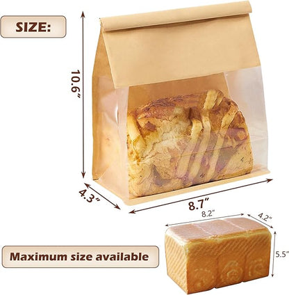 Heavy Duty Large Kraft Paper Bread Bags with Tin Tie Tab Lock 100pcs, Loaf Bag with Clear Front Window, Storage Packaging Treat Bag for Bakery Cafe Homemade Bread 10.6” × 4.3” × 8.7”