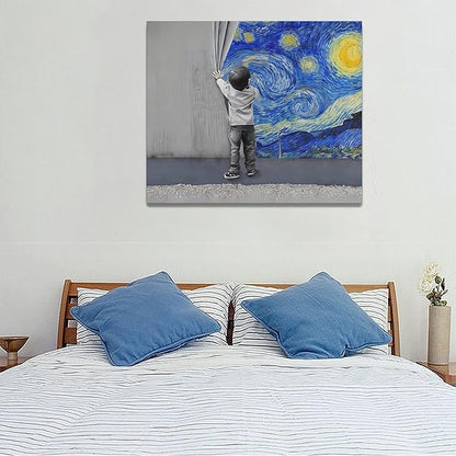 xiilo Banksy Wall Art Boys Starry Night Street Graffiti Pictures Wall Decor Kids Canvas Painting Pop Home Modern Artwork Decorations Framed for Living Room Bedroom Bathroom Office 24 x 20 inch