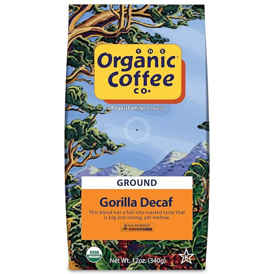 The Organic Coffee Co. Ground Coffee - Gorilla Decaf (12oz Bag), Medium Roast, Swiss Water Processed, USDA Organic