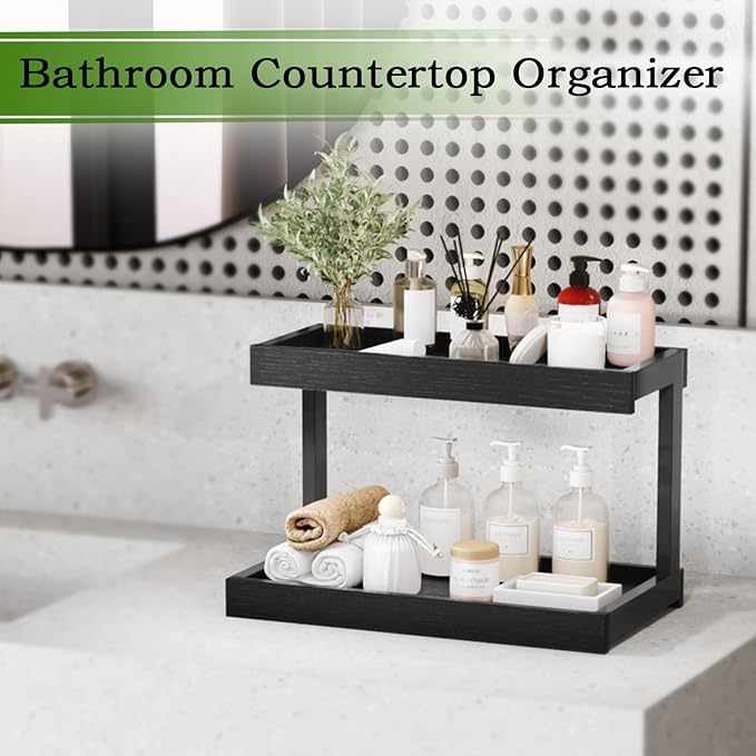 MARTY 2 Tier Spice Rack Organizer for Countertop, 15.8''L Coffee Station/Bathroom Organizer Countertop, Counter Shelf Desktop Storage Organizer for Kitchen, Bedroom, Office (Black)