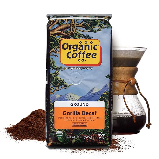 The Organic Coffee Co. Ground Coffee - Gorilla Decaf (12oz Bag), Medium Roast, Swiss Water Processed, USDA Organic