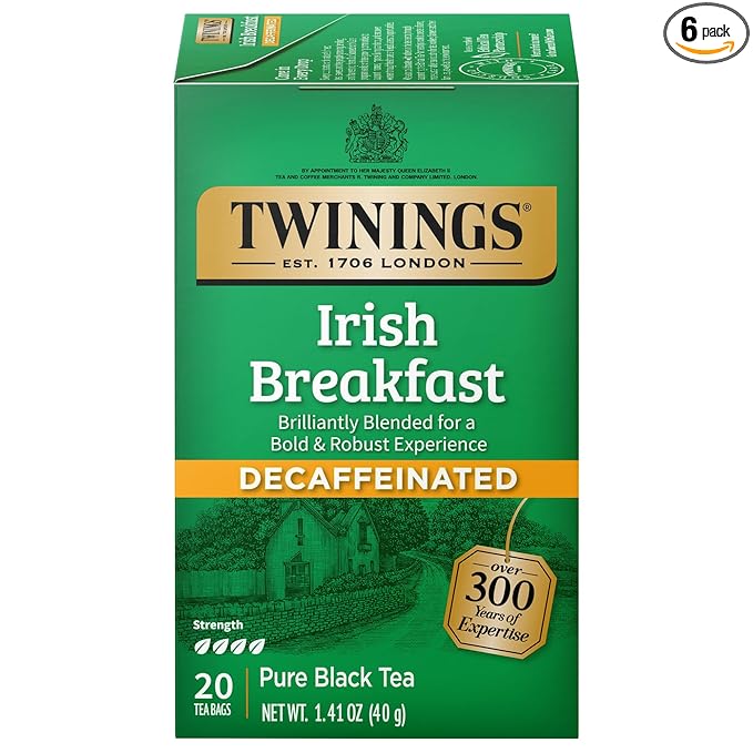 Twinings Decaffeinated Irish Breakfast Black Tea Individually Wrapped Bags, 20 Count (Pack of 6), Flavourful, Robust, Enjoy Hot or Iced | Packaging May Vary