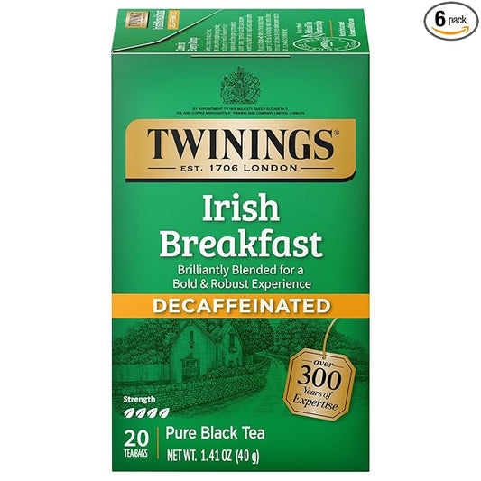 Twinings Decaffeinated Irish Breakfast Black Tea Individually Wrapped Bags, 20 Count (Pack of 6), Flavourful, Robust, Enjoy Hot or Iced | Packaging May Vary