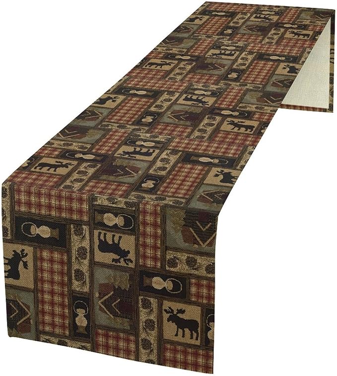 Country Cottage Table Runner, Vintage Bear Deer Elk Moose Rustic Style Linen Table Runner for Home Kitchen Table Decoration, 13x90 Inch