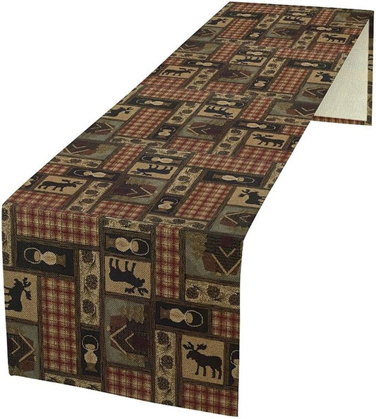 Country Cottage Table Runner, Vintage Bear Deer Elk Moose Rustic Style Linen Table Runner for Home Kitchen Table Decoration, 13x90 Inch