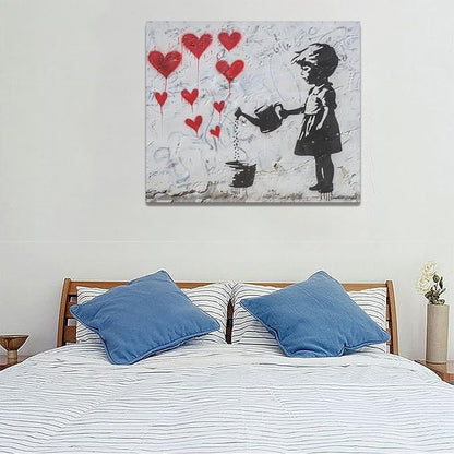 xiilo Banksy Girl Wall Art Heart Pictures Street Graffiti Canvas Wall Decor Kids Aesthetic Painting Pop Home Modern Artwork Decorations Framed for Living Room Bedroom Bathroom Office 24 x 20 inch