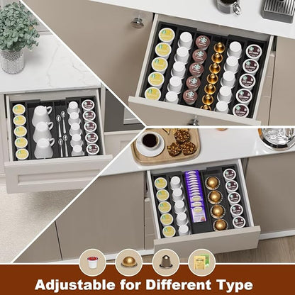 Coffee Pod Holder Drawer, Bamboo Expandable K Cup Holder Vertuo Coffee Capsules Organizer, Tea Bag K Cup Drawer Organizer for Coffee Station Home Kitchen Black, Medium