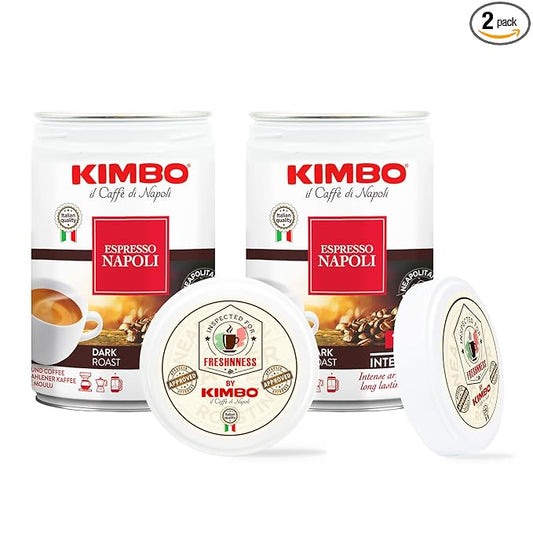 Kimbo Espresso Napoli Ground Coffee | Dark Roast | 10/13 Intesity | Intense Aroma & Long Lasting Flavor | Blended & Roasted in Italy, 8.8 oz Can - Pack of 2