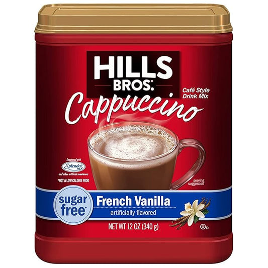 Hills Bros. Instant Cappuccino Mix, Sugar Free French Vanilla (12 Oz, Pack of 1) – Convenient and Versatile, Instant Hot or Iced Coffee, Frothy & Rich Vanilla Flavor - Just Add Water