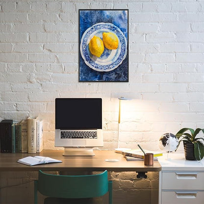 Vintage Yellow Fruit Orange Kitchen Wall Art Funky Blue Dining Table Plates Ceramics Canvas Posters Family Restaurant Food Fruits Prints Painting For Modern Living Room Wall Decor 16x24in Framed