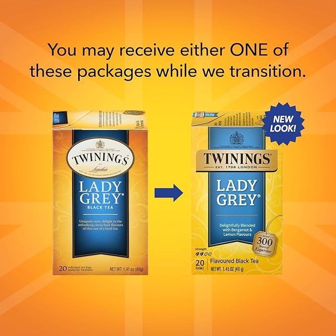 Twinings Lady Grey Black Tea Individually Wrapped Bags, 20 Count (Pack of 6), Orange & Lemon Peel with a Hint of Bergamot, Caffeinated, Enjoy Hot or Iced | Packaging May Vary